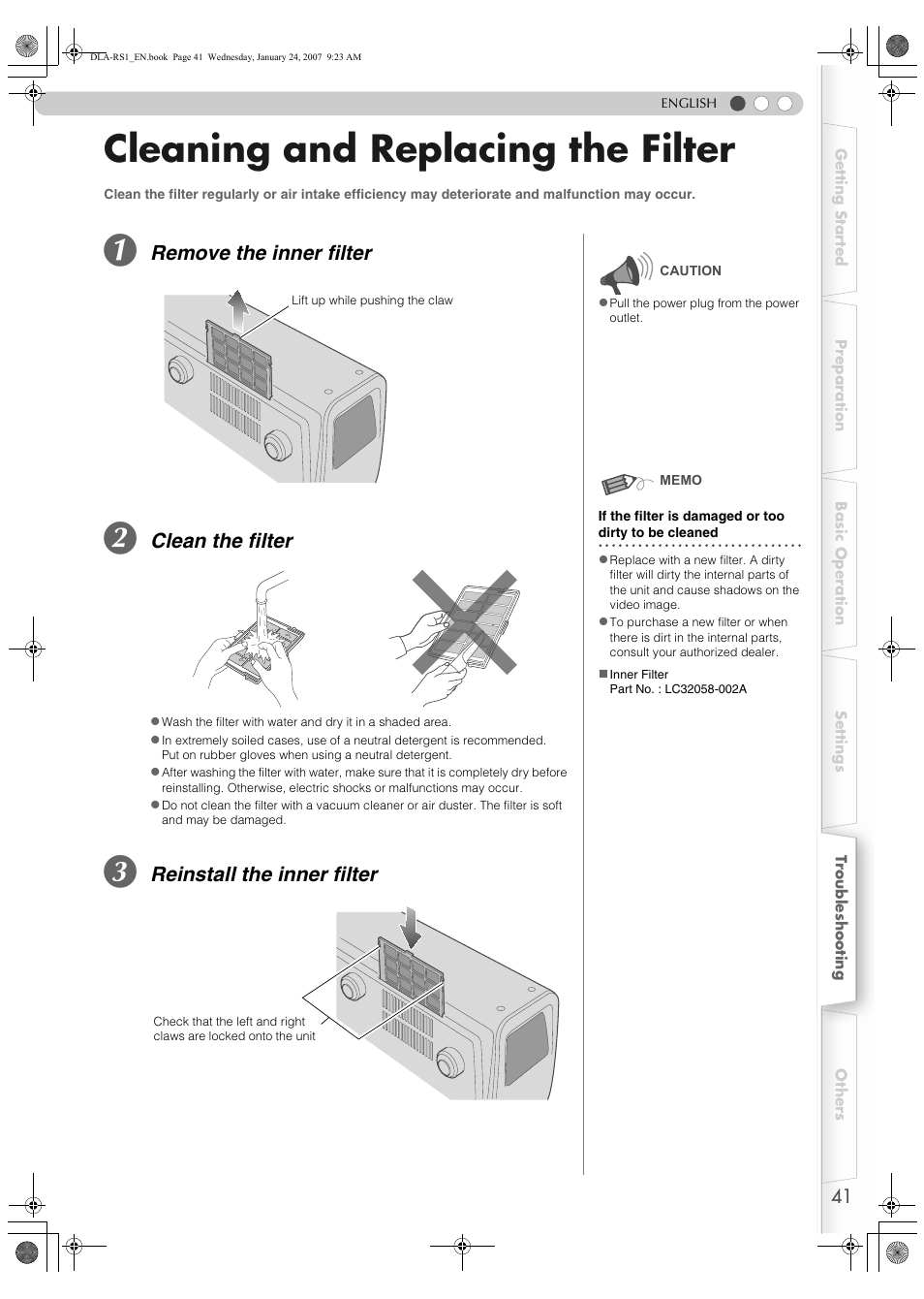 Cleaning and replacing the filter, R (p, P41) | Remove the inner filter, Clean the filter, Reinstall the inner filter | JVC DLA-RS1 User Manual | Page 41 / 50