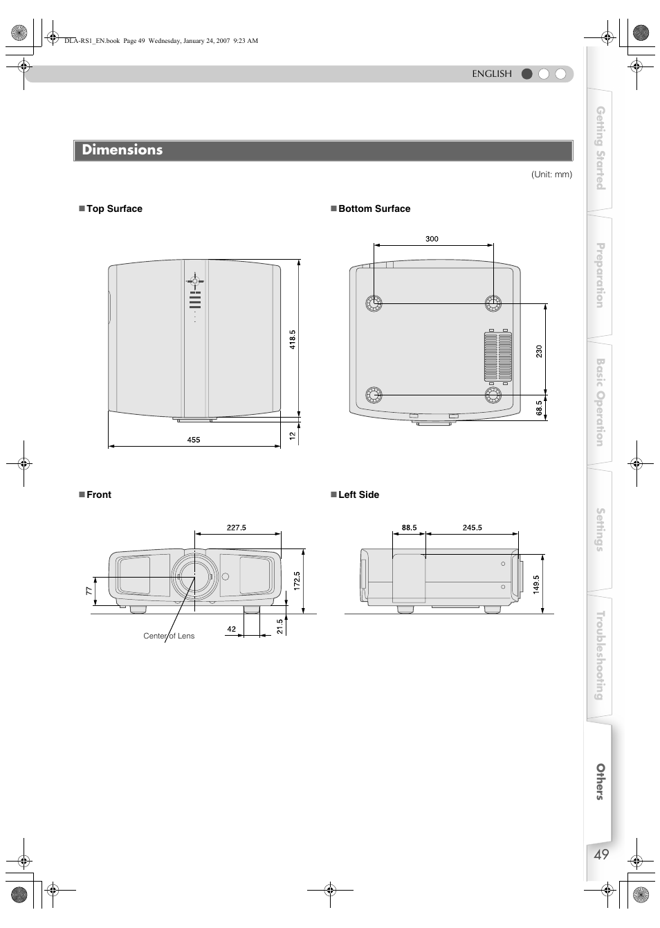 Dimensions | JVC DLA-RS1 User Manual | Page 49 / 50