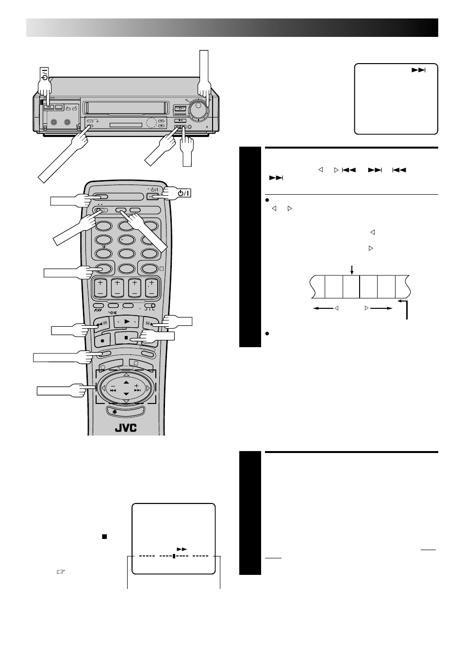 Activate index search, Activate instant review, Playback (cont.) | Index search, Instant review, Tape position indicator | JVC HR-E249E User Manual | Page 16 / 52