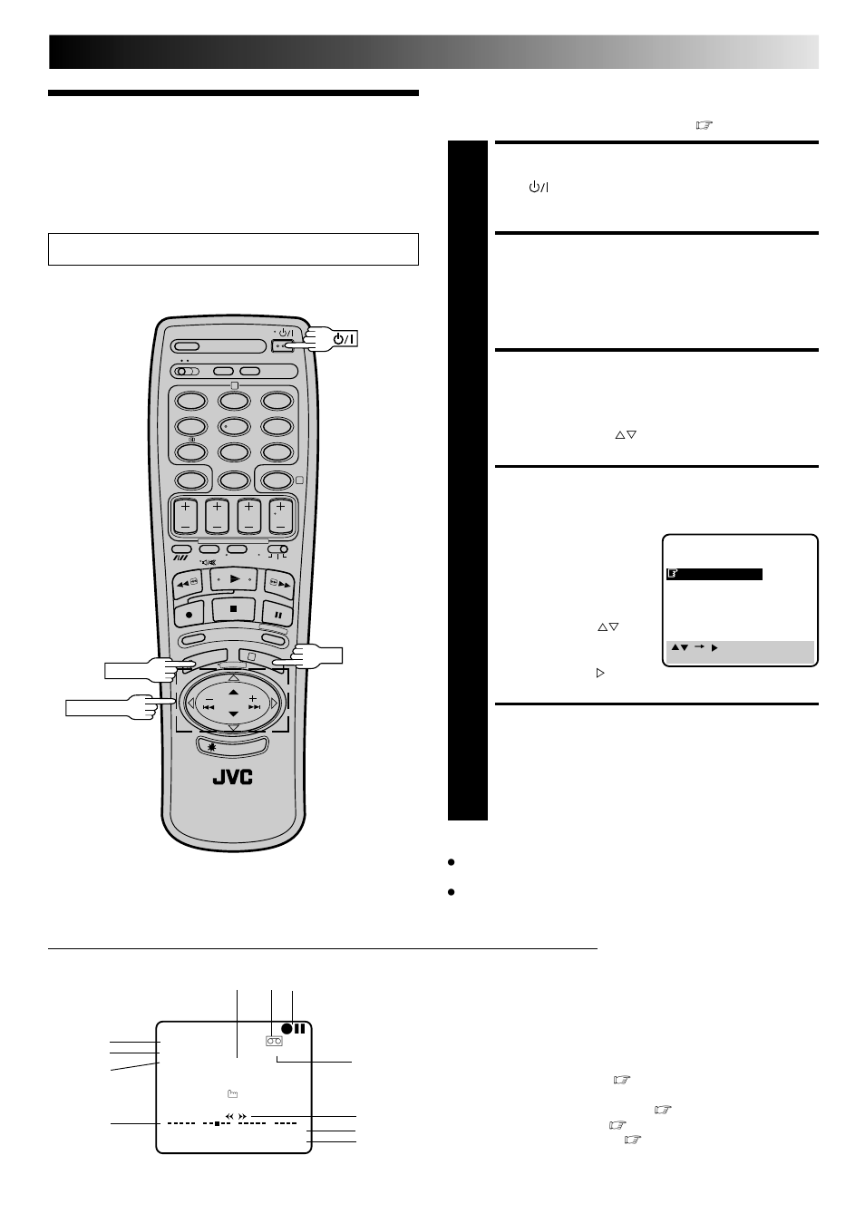 On-screen displays, Turn on the recorder, Access main menu screen | Access mode set screen, Enable/disable on-screen display, Return to normal screen | JVC HR-E249E User Manual | Page 19 / 52
