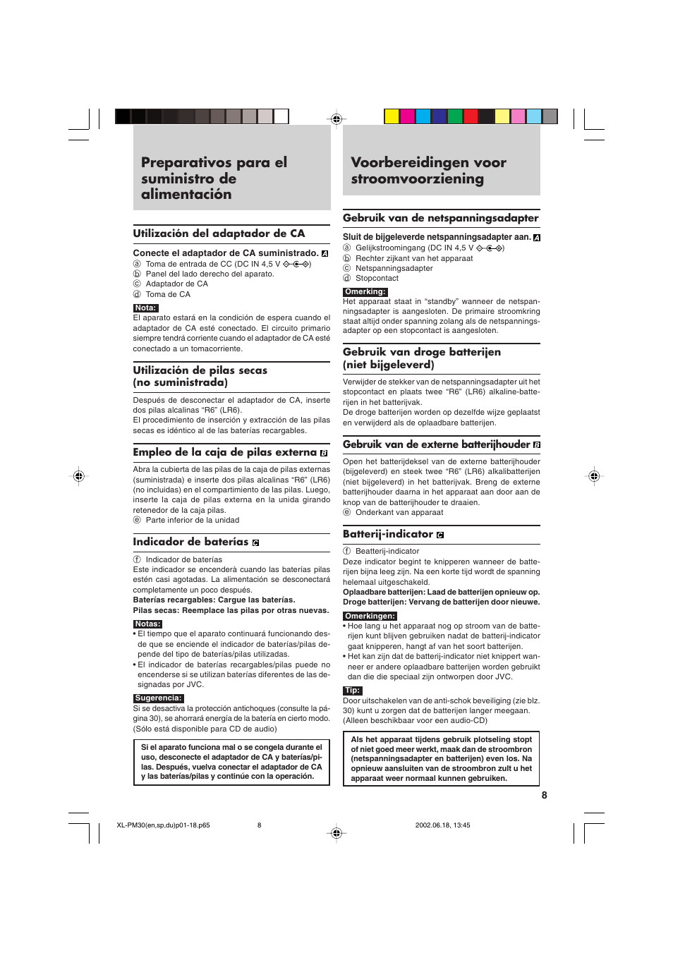 Preparativos para el suministro de alimentación, Voorbereidingen voor stroomvoorziening | JVC XL-PM30SL User Manual | Page 11 / 48