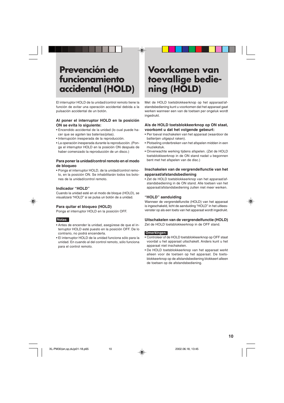 Prevención de funcionamiento accidental (hold), Voorkomen van toevallige bedie-ning (hold), Voorkomen van toevallige bedie- ning (hold) | JVC XL-PM30SL User Manual | Page 13 / 48