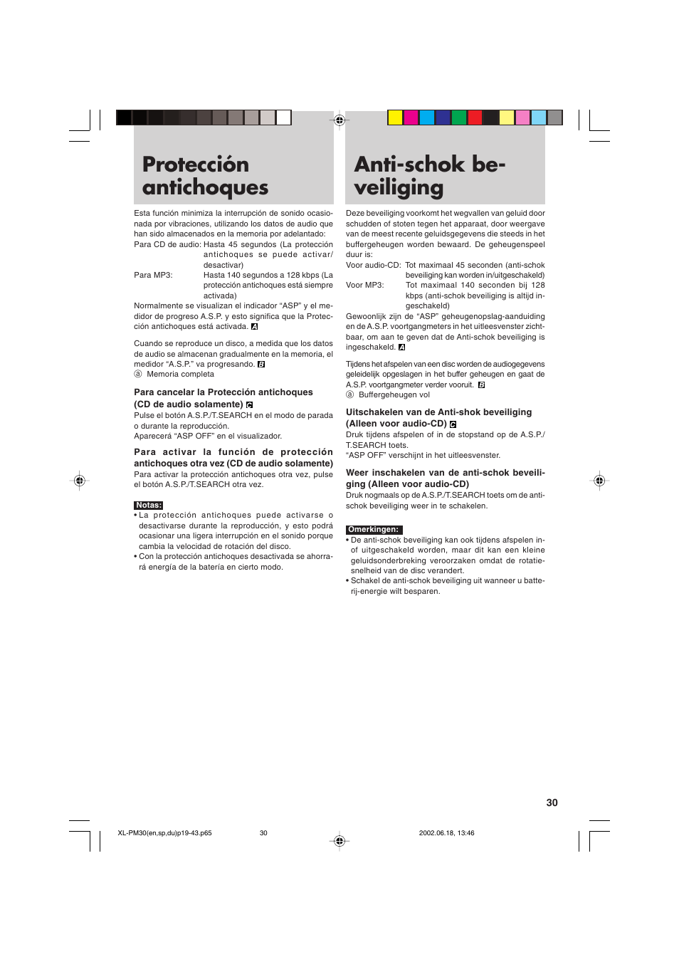 Protección antichoques, Anti-schok beveiliging, Anti-schok be- veiliging | JVC XL-PM30SL User Manual | Page 33 / 48