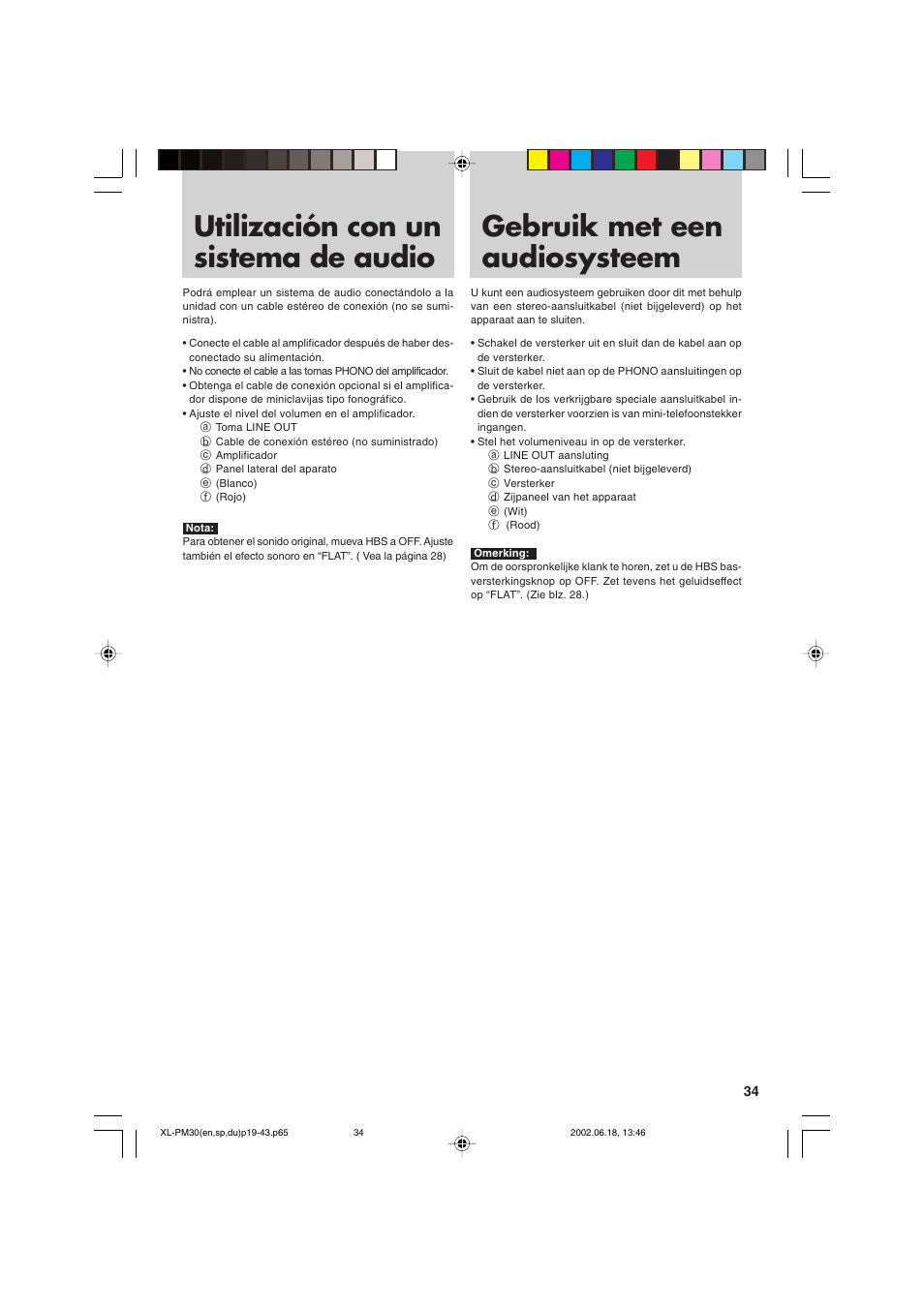 Utilización con un sistema de audio, Gebruik met een audiosysteem | JVC XL-PM30SL User Manual | Page 37 / 48