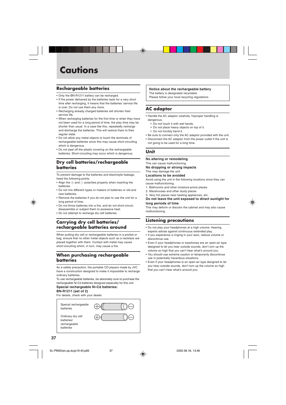 Cautions, Rechargeable batteries, Dry cell batteries/rechargeable batteries | When purchasing rechargeable batteries, Ac adaptor, Unit, Listening precautions | JVC XL-PM30SL User Manual | Page 40 / 48