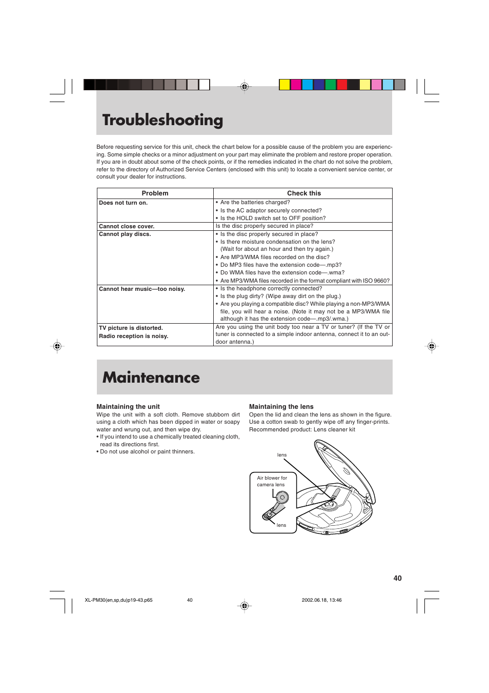 Troubleshooting, Maintenance | JVC XL-PM30SL User Manual | Page 43 / 48