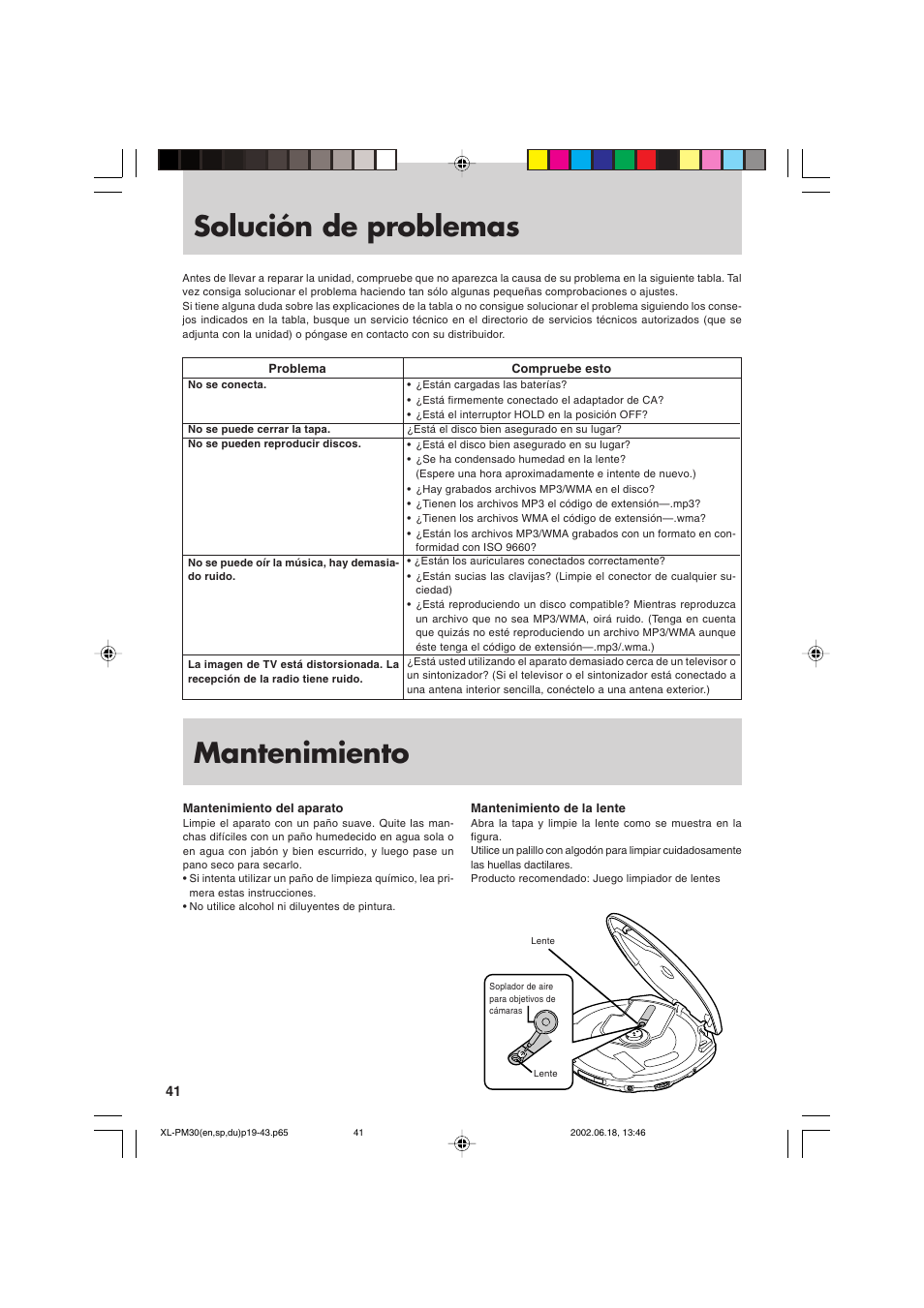 Solución de problemas, Mantenimiento | JVC XL-PM30SL User Manual | Page 44 / 48