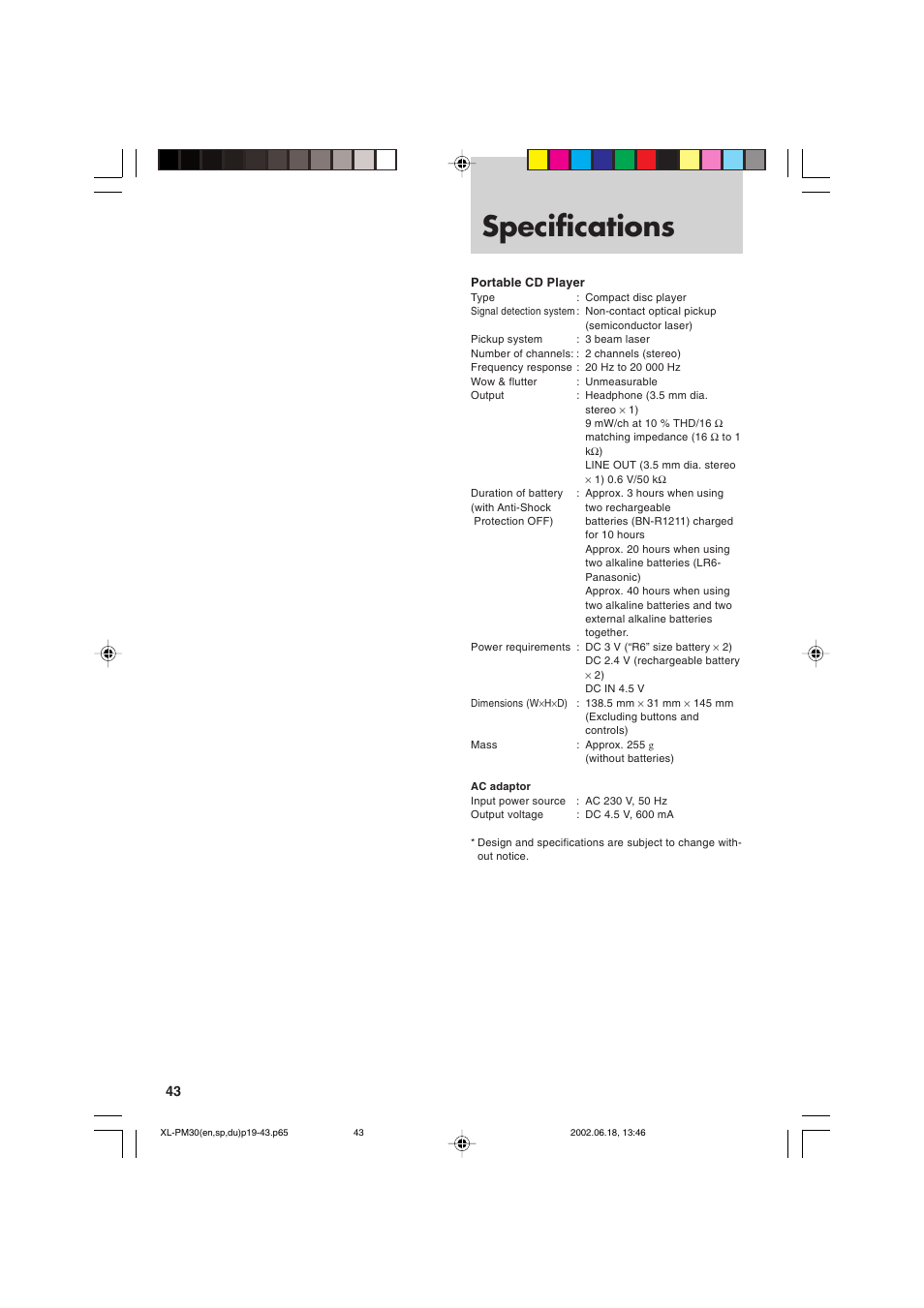 Specifications | JVC XL-PM30SL User Manual | Page 46 / 48