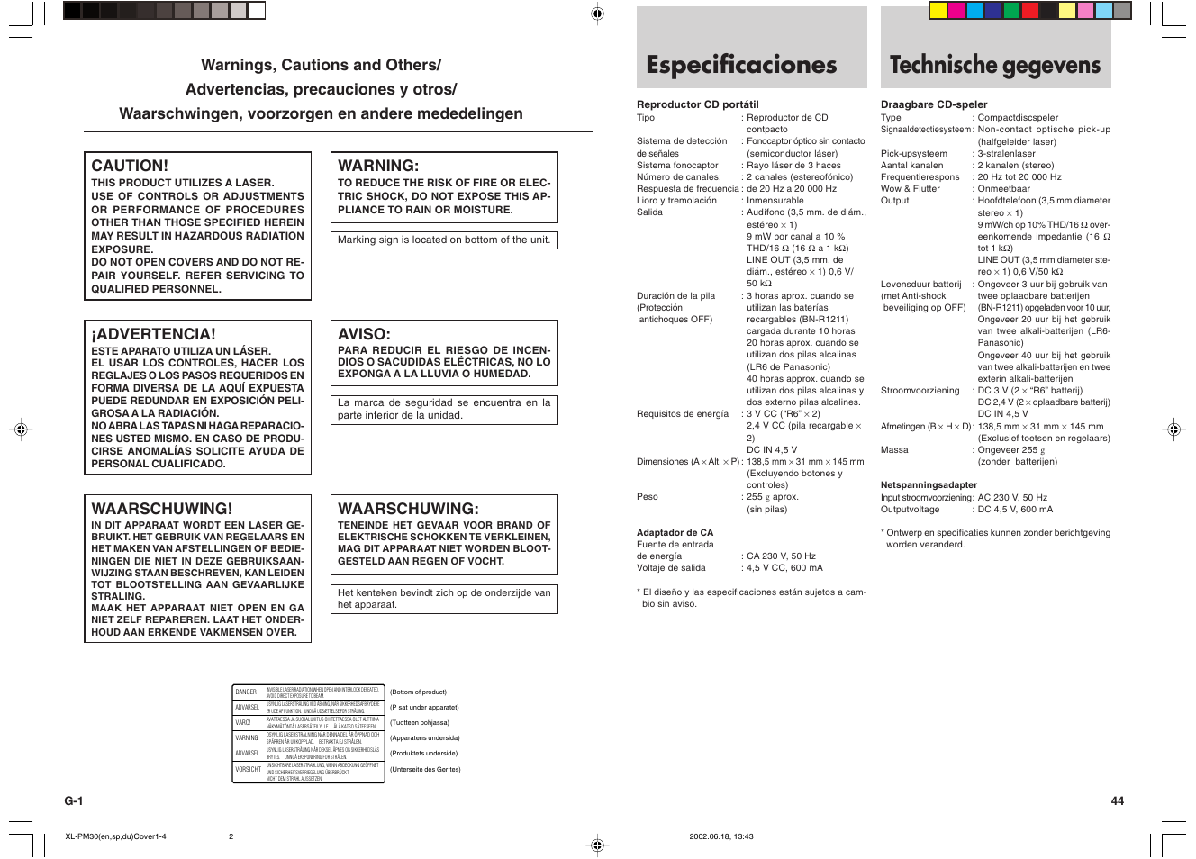 Especificaciones, Technische gegevens, Caution | Advertencia, Waarschuwing, Warning, Aviso | JVC XL-PM30SL User Manual | Page 47 / 48
