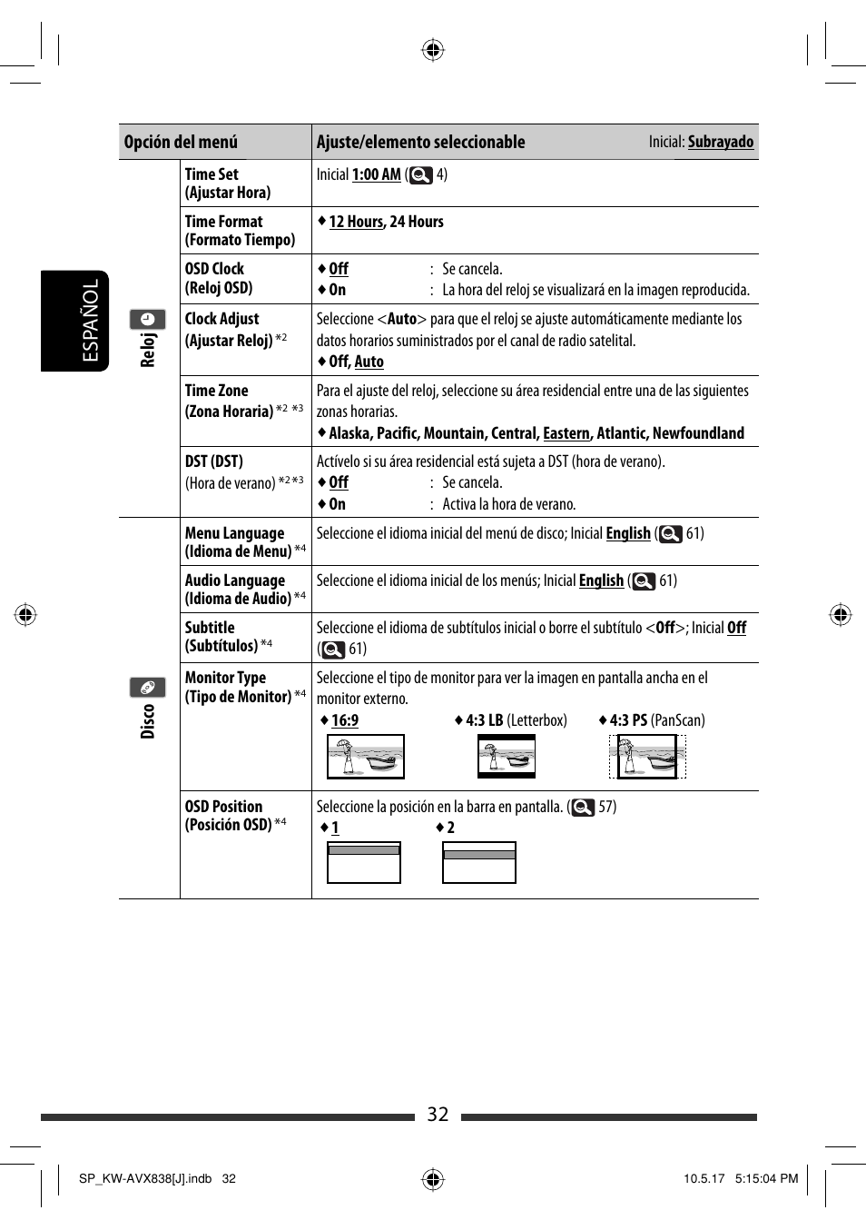 32 esp añol, Opción del menú ajuste/elemento seleccionable, Reloj | Disco | JVC LVT2086-001B User Manual | Page 102 / 147