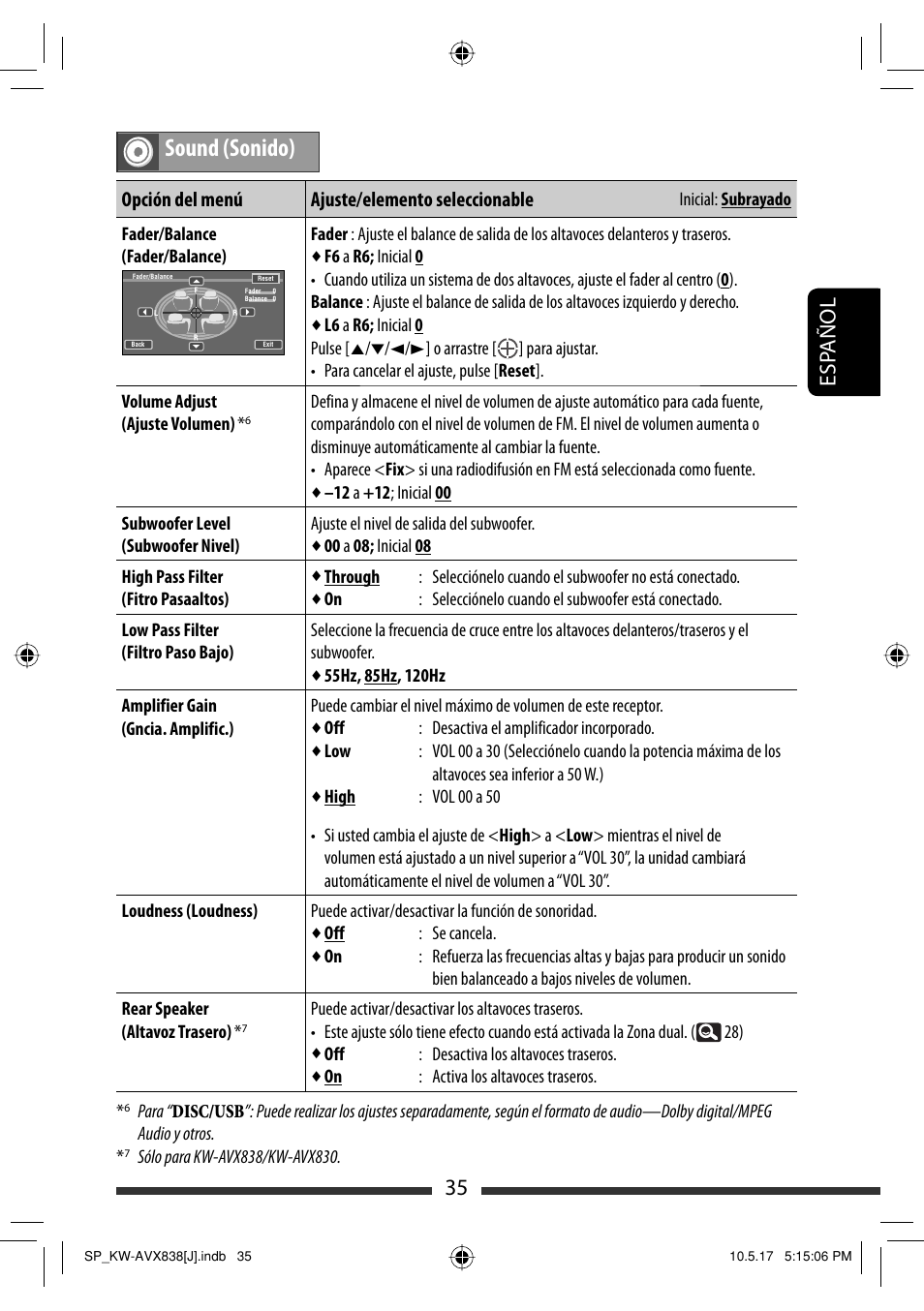 Sound (sonido), 35 esp añol, Opción del menú ajuste/elemento seleccionable | JVC LVT2086-001B User Manual | Page 105 / 147