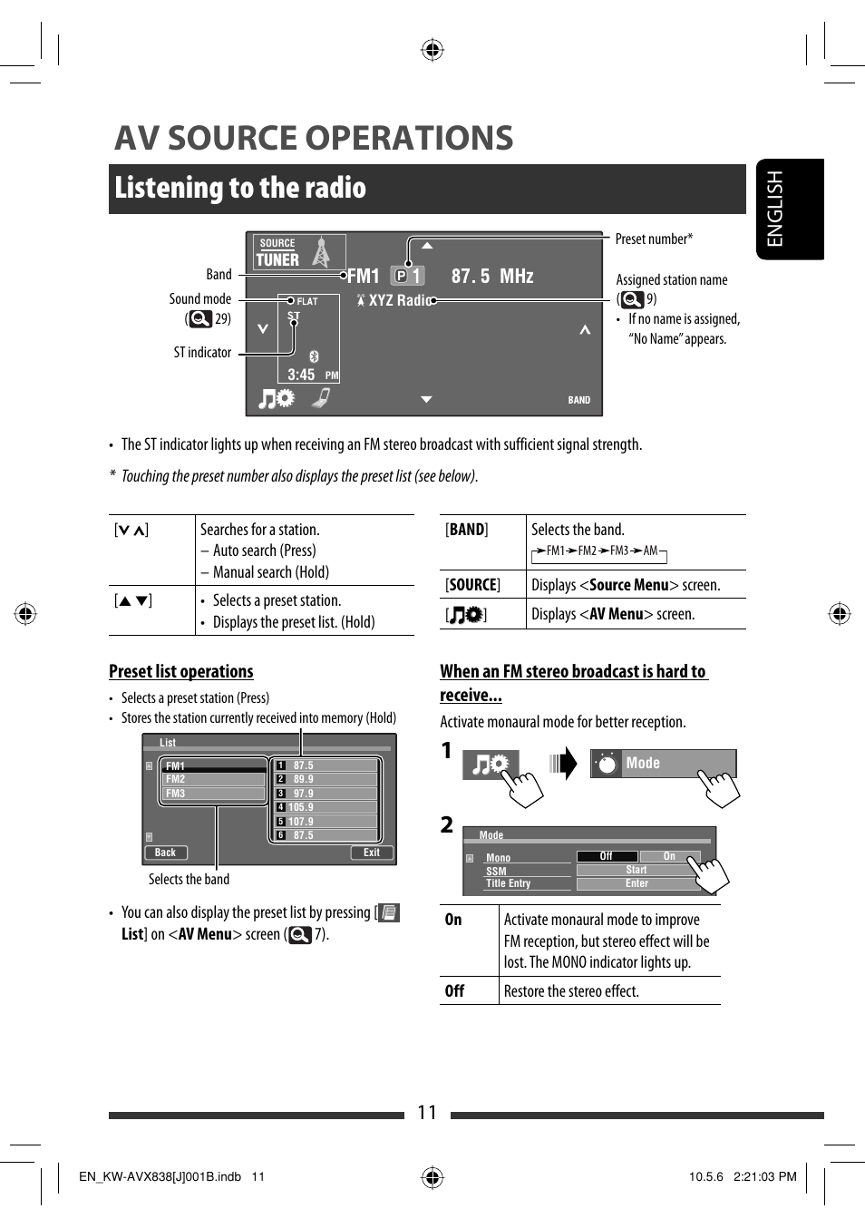 Av source operations, Listening to the radio, 11 english | Preset list operations, When an fm stereo broadcast is hard to receive | JVC LVT2086-001B User Manual | Page 11 / 147