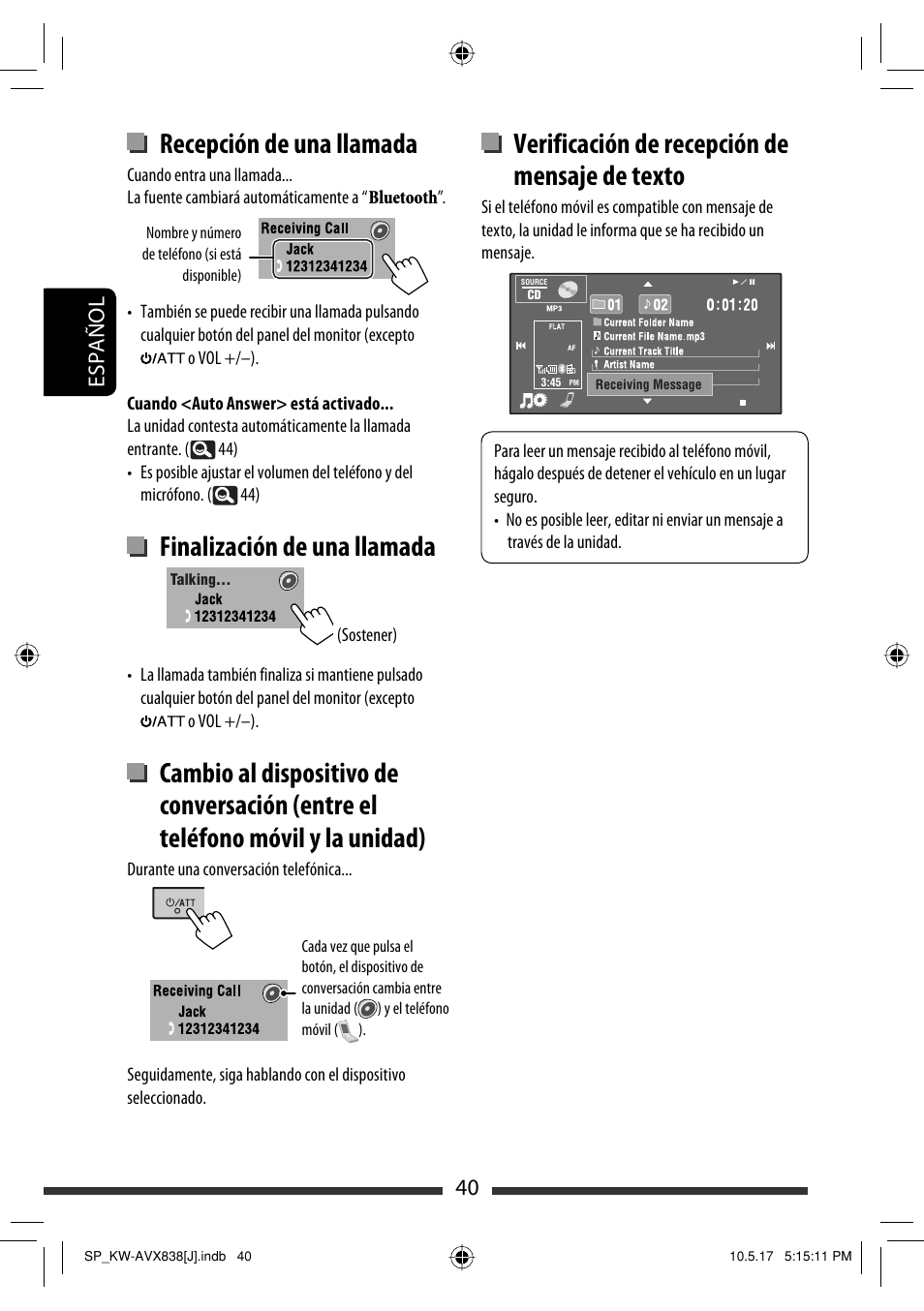 Verificación de recepción de mensaje de texto, Recepción de una llamada, Finalización de una llamada | 40 español | JVC LVT2086-001B User Manual | Page 110 / 147