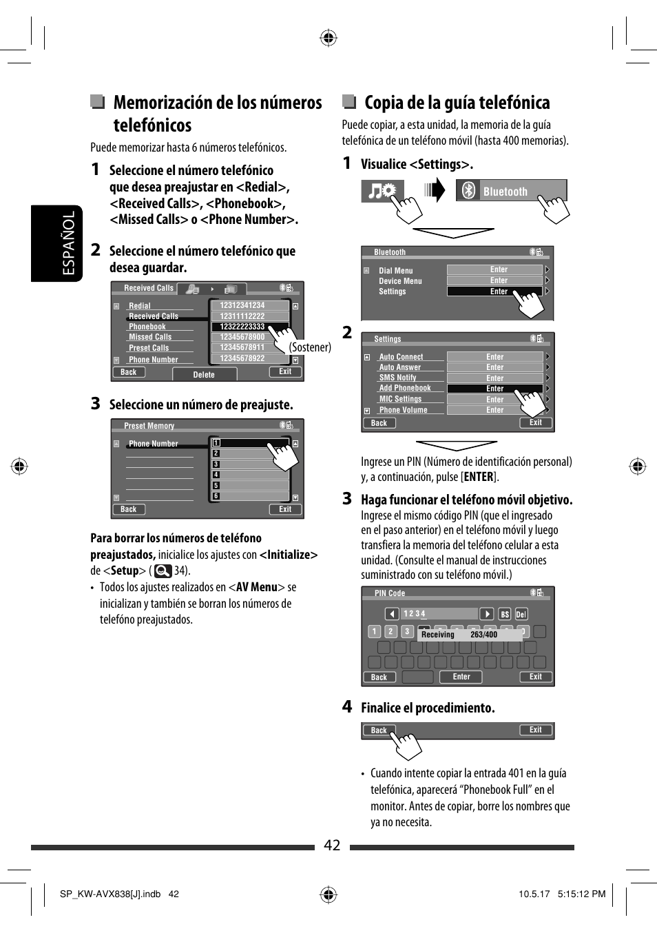 Copia de la guía telefónica, 42 español, Seleccione el número telefónico que desea guardar | Seleccione un número de preajuste, Visualice <settings, Haga funcionar el teléfono móvil objetivo, Finalice el procedimiento | JVC LVT2086-001B User Manual | Page 112 / 147