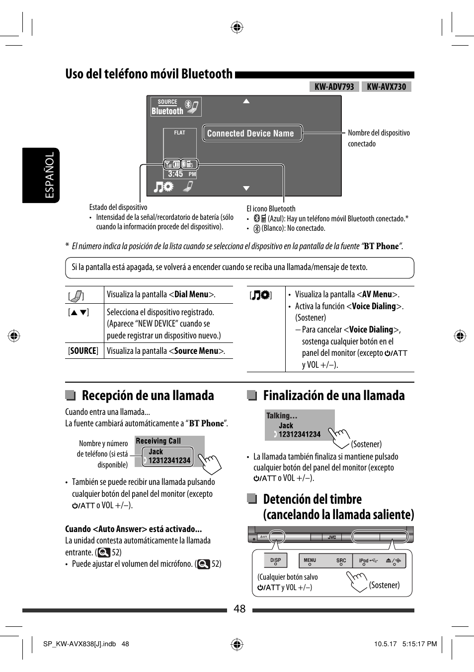 Uso del teléfono móvil bluetooth, Recepción de una llamada, Finalización de una llamada | 48 español | JVC LVT2086-001B User Manual | Page 118 / 147