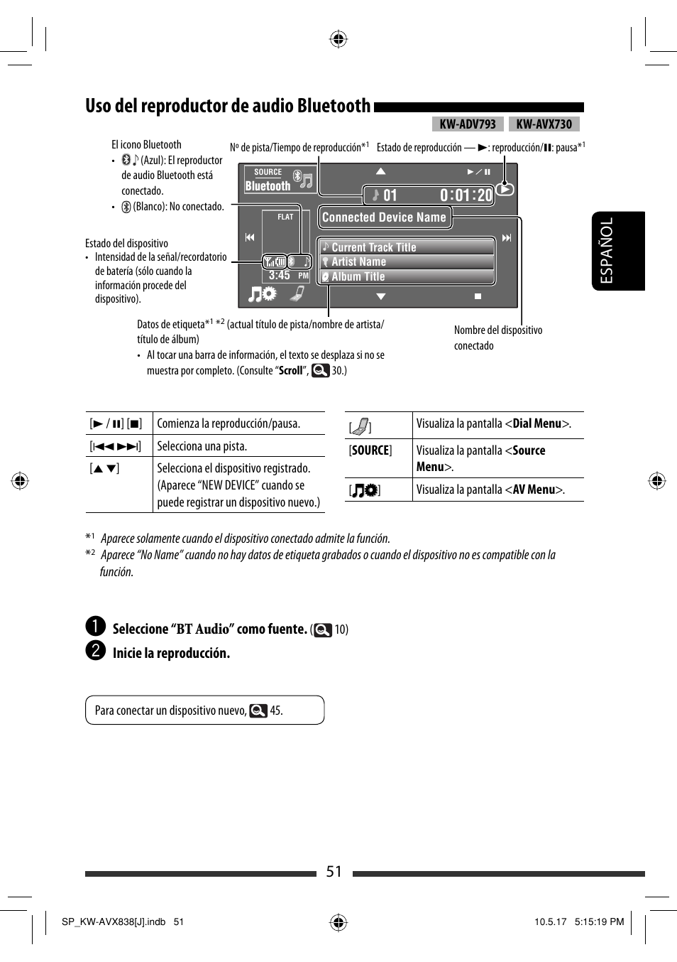 Uso del reproductor de audio bluetooth, 51 español | JVC LVT2086-001B User Manual | Page 121 / 147