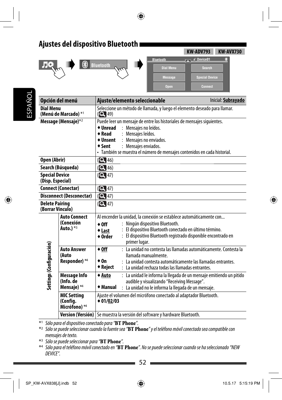 Ajustes del dispositivo bluetooth, 52 español, Opción del menú ajuste/elemento seleccionable | JVC LVT2086-001B User Manual | Page 122 / 147