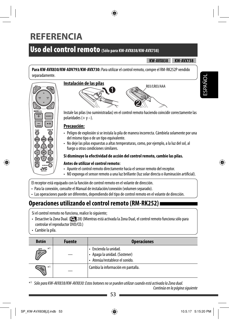 Referencia, Uso del control remoto, 53 esp añol | JVC LVT2086-001B User Manual | Page 123 / 147