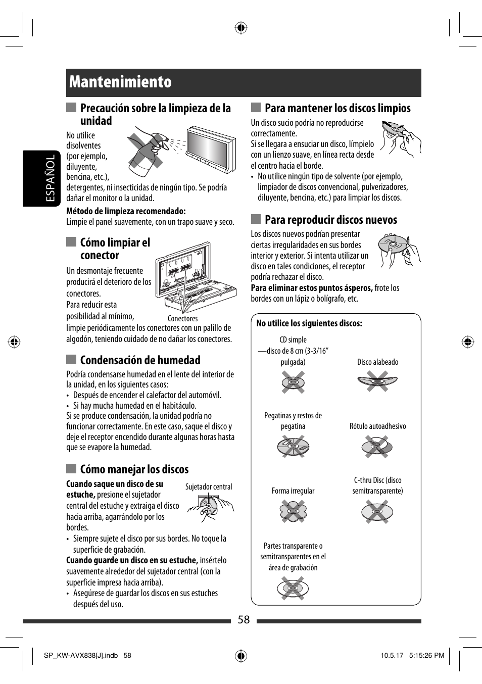 Mantenimiento, Precaución sobre la limpieza de la unidad, Cómo limpiar el conector | Condensación de humedad, Cómo manejar los discos, Para mantener los discos limpios, Para reproducir discos nuevos, 58 español | JVC LVT2086-001B User Manual | Page 128 / 147