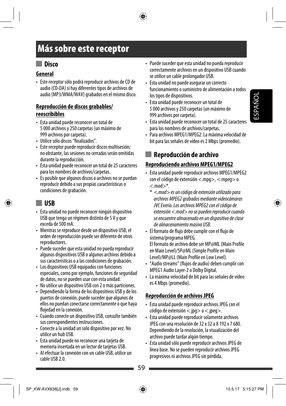 Más sobre este receptor, Disco, Reproducción de archivo | 59 español | JVC LVT2086-001B User Manual | Page 129 / 147