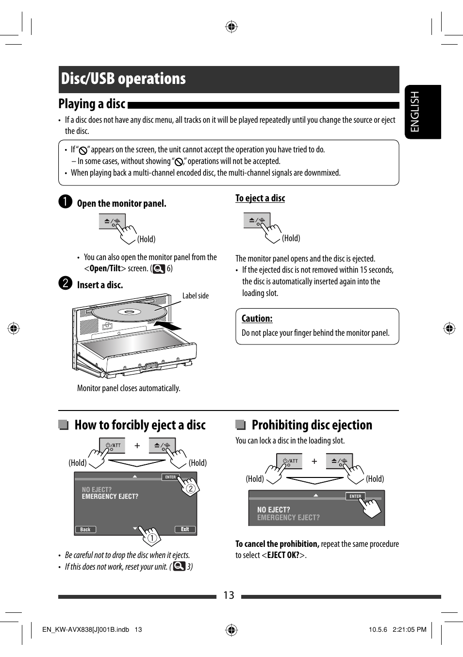 Disc/usb operations, Playing a disc, How to forcibly eject a disc | Prohibiting disc ejection, 13 english | JVC LVT2086-001B User Manual | Page 13 / 147