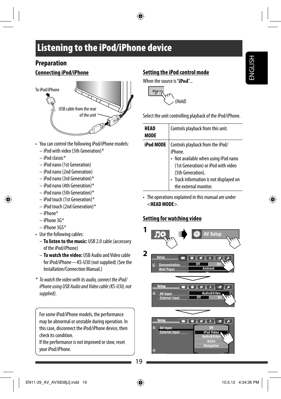 Listening to the ipod/iphone device, Preparation, 19 english | Connecting ipod/iphone, Setting the ipod control mode, Setting for watching video | JVC LVT2086-001B User Manual | Page 19 / 147