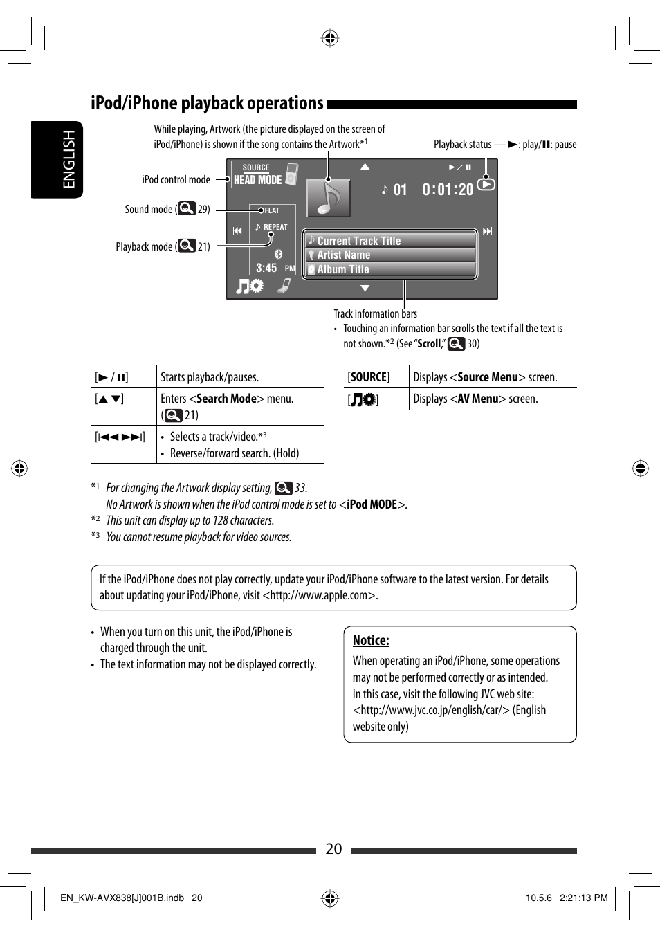 Ipod/iphone playback operations, 20 english, Notice | JVC LVT2086-001B User Manual | Page 20 / 147