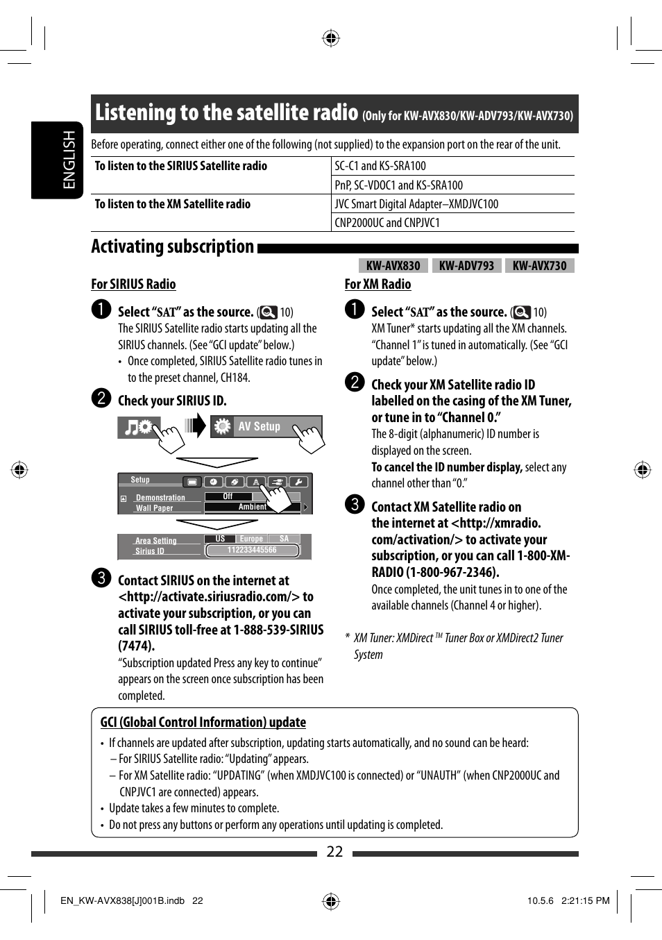 Listening to the satellite radio, Activating subscription, 22 english | JVC LVT2086-001B User Manual | Page 22 / 147