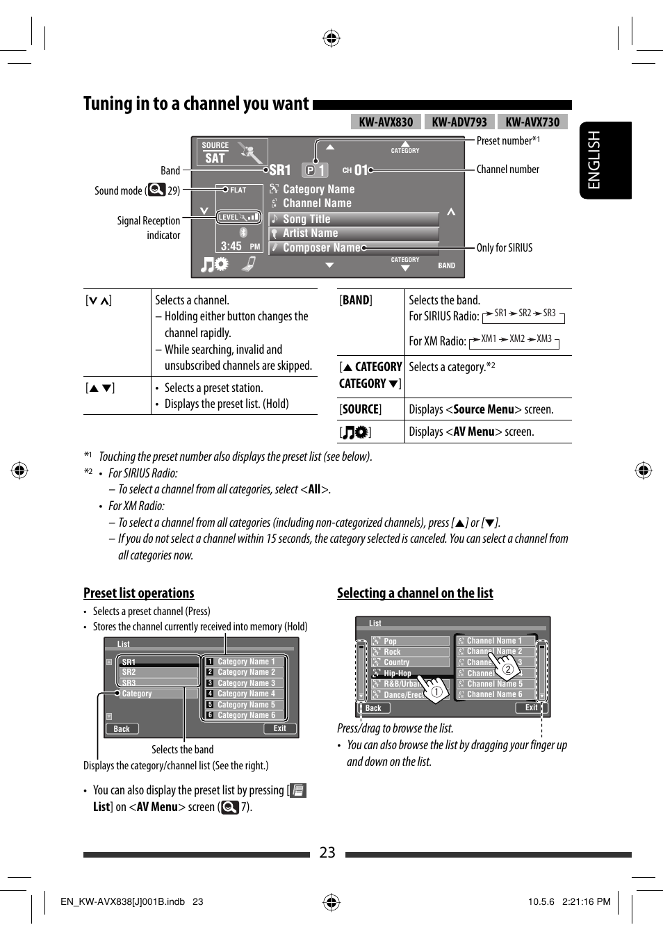 Tuning in to a channel you want, 23 english, Preset list operations | Selecting a channel on the list, Sr1 01, For xm radio, Category, Selects a category | JVC LVT2086-001B User Manual | Page 23 / 147