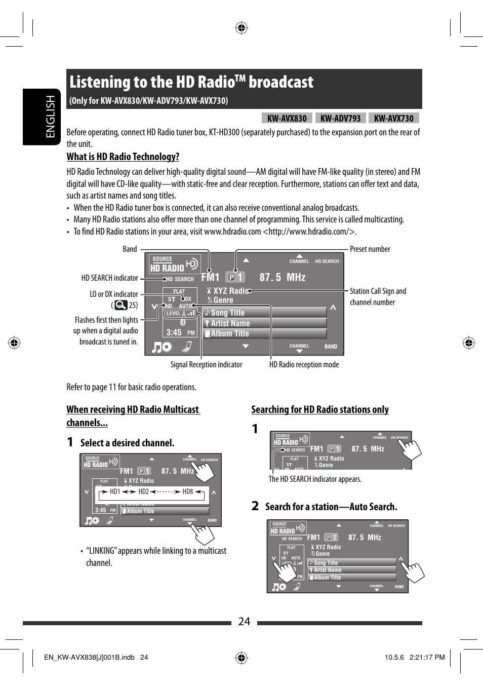 Listening to the hd radio, Broadcast, 24 english | What is hd radio technology, When receiving hd radio multicast channels, Select a desired channel, Searching for hd radio stations only, Search for a station—auto search | JVC LVT2086-001B User Manual | Page 24 / 147