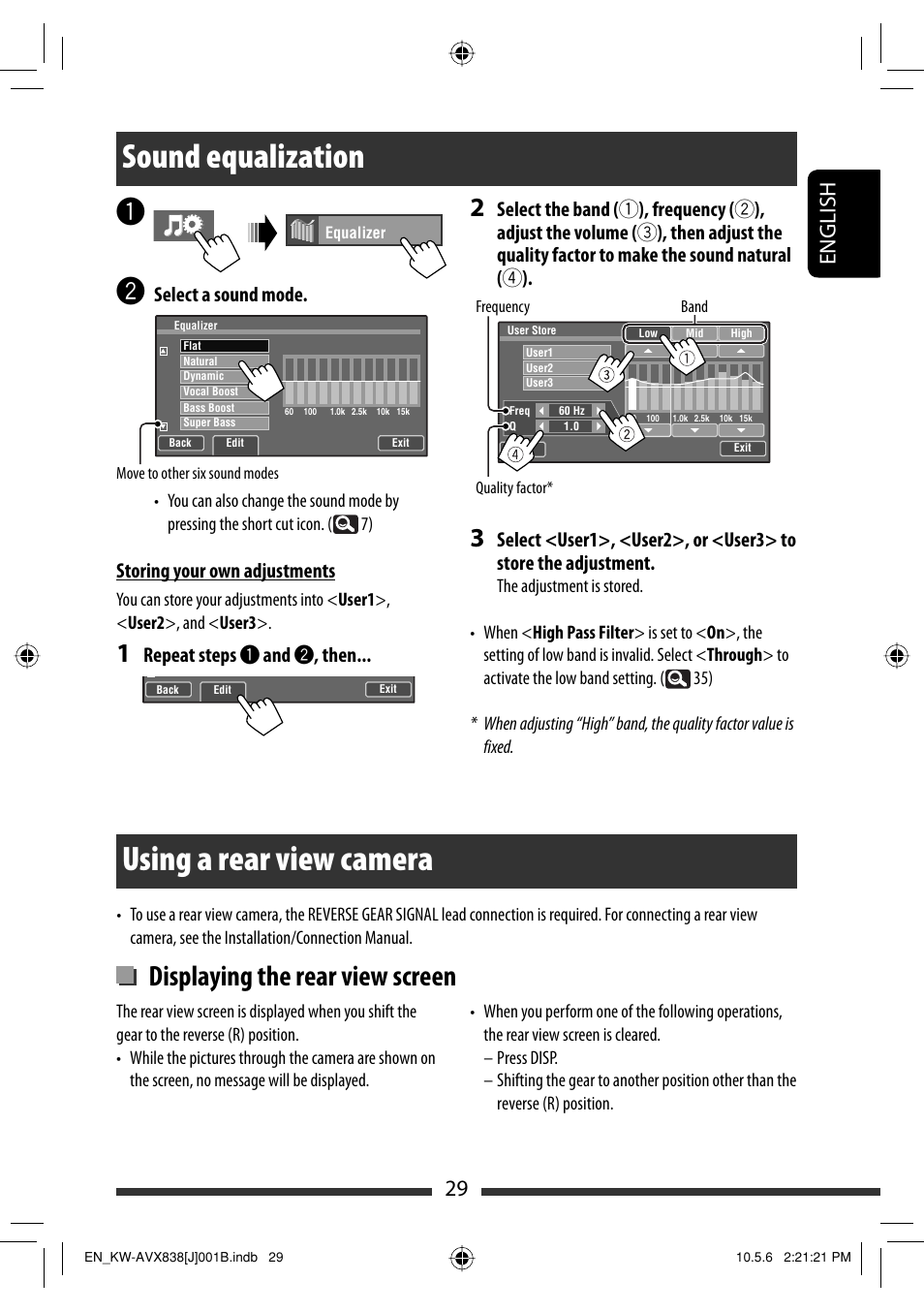 Sound equalization, Using a rear view camera, Displaying the rear view screen | 29 english, Select a sound mode, Storing your own adjustments, Repeat steps ~ and ÿ , then | JVC LVT2086-001B User Manual | Page 29 / 147