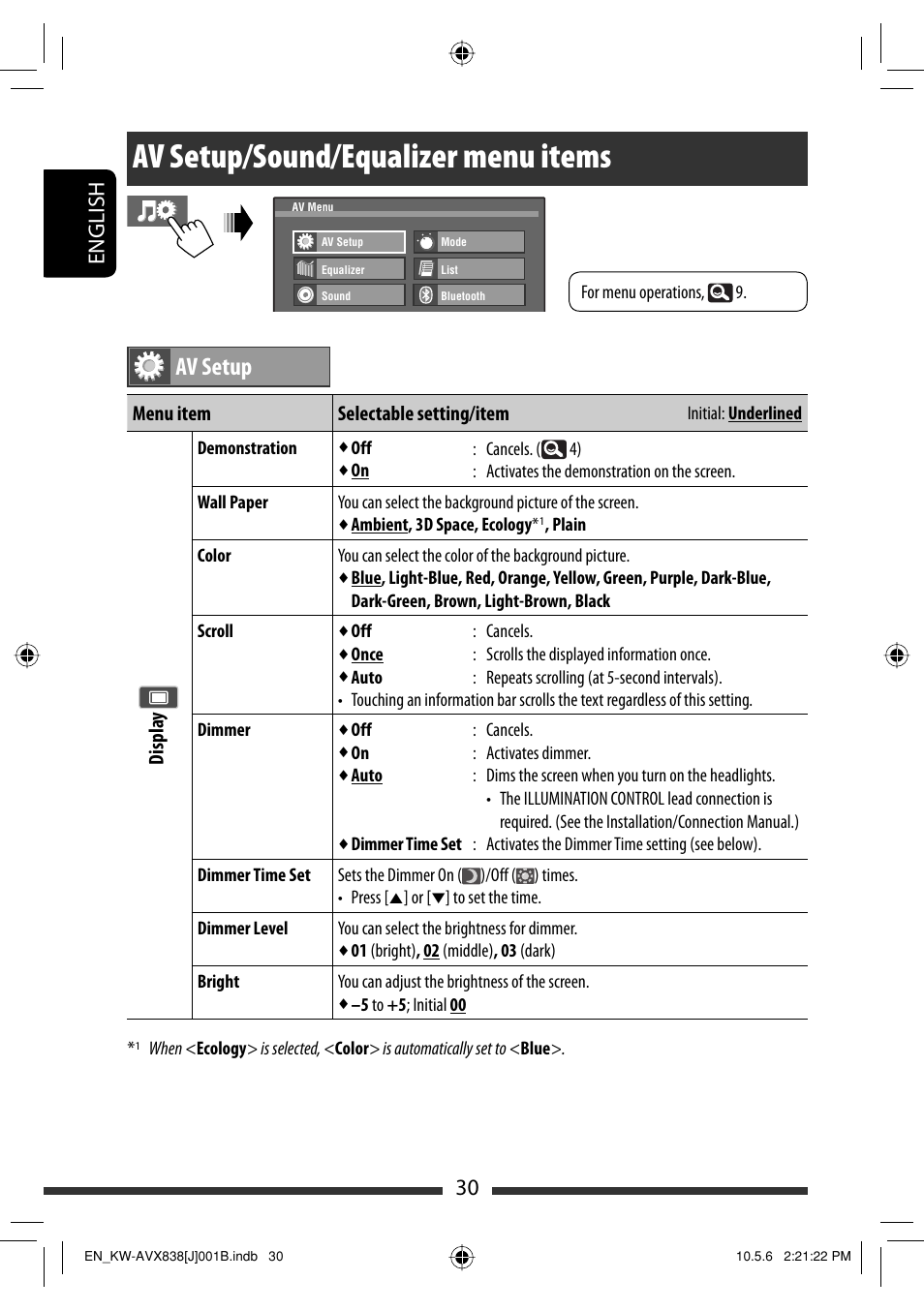 Av setup/sound/equalizer menu items, Av setup, 30 english | JVC LVT2086-001B User Manual | Page 30 / 147