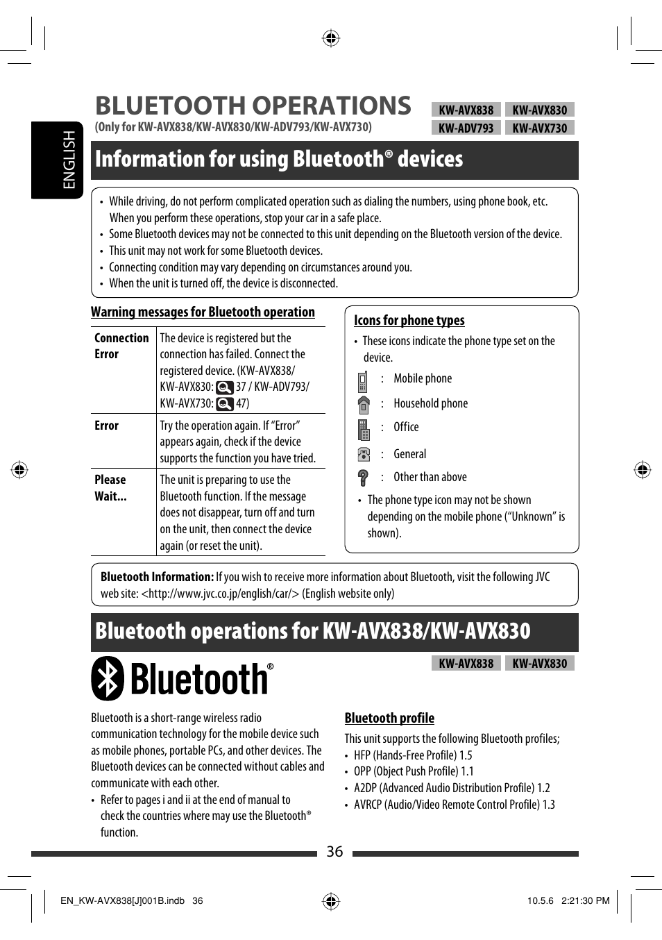 Information for using bluetooth® devices, Bluetooth operations for kw-avx838/kw-avx830, Bluetooth operations | JVC LVT2086-001B User Manual | Page 36 / 147