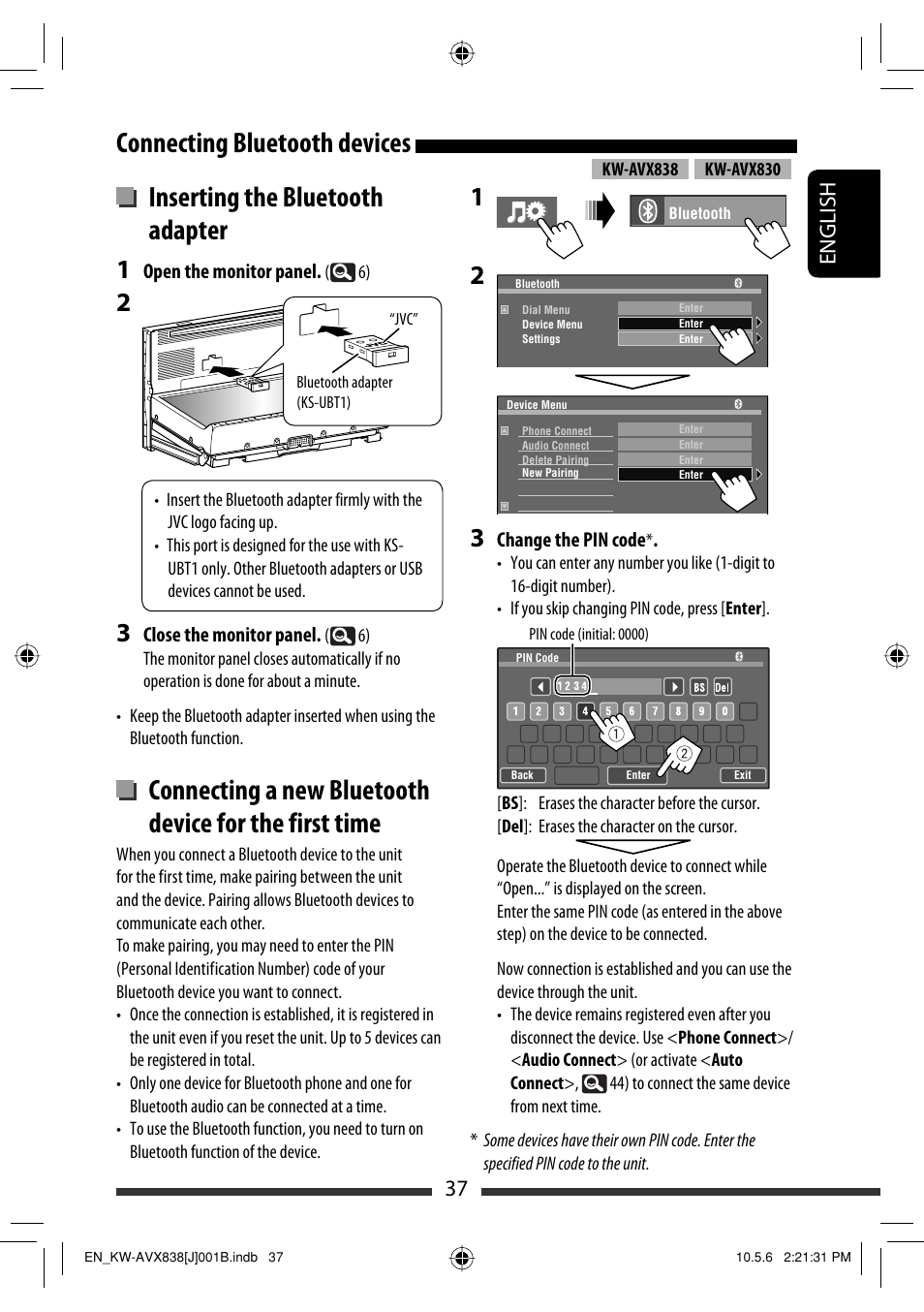 Connecting bluetooth devices, Inserting the bluetooth adapter, 37 english | JVC LVT2086-001B User Manual | Page 37 / 147