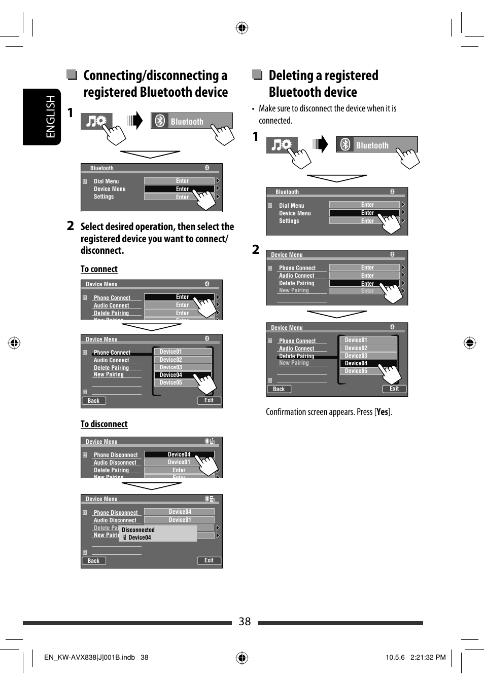 Deleting a registered bluetooth device, 38 english, Confirmation screen appears. press [ yes | JVC LVT2086-001B User Manual | Page 38 / 147