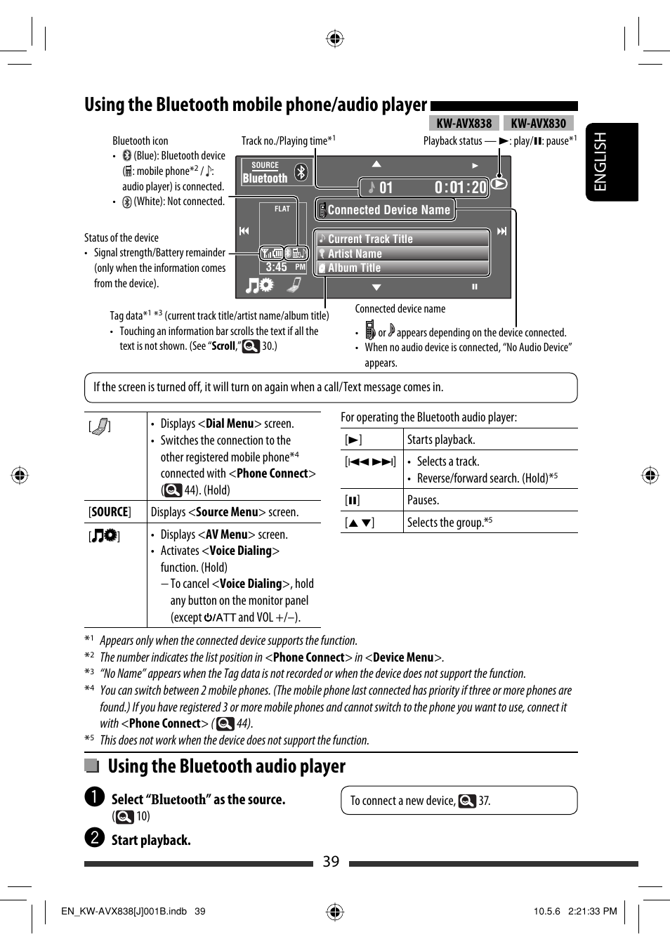 Using the bluetooth mobile phone/audio player, Using the bluetooth audio player, 39 english | JVC LVT2086-001B User Manual | Page 39 / 147