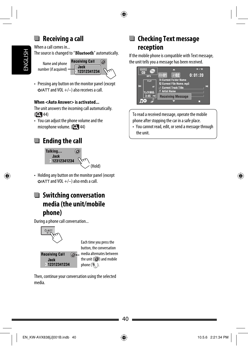 Checking text message reception, Receiving a call, Ending the call | 40 english | JVC LVT2086-001B User Manual | Page 40 / 147