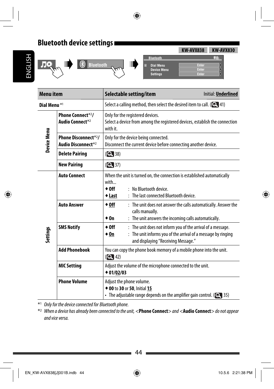 Bluetooth device settings, 44 english | JVC LVT2086-001B User Manual | Page 44 / 147