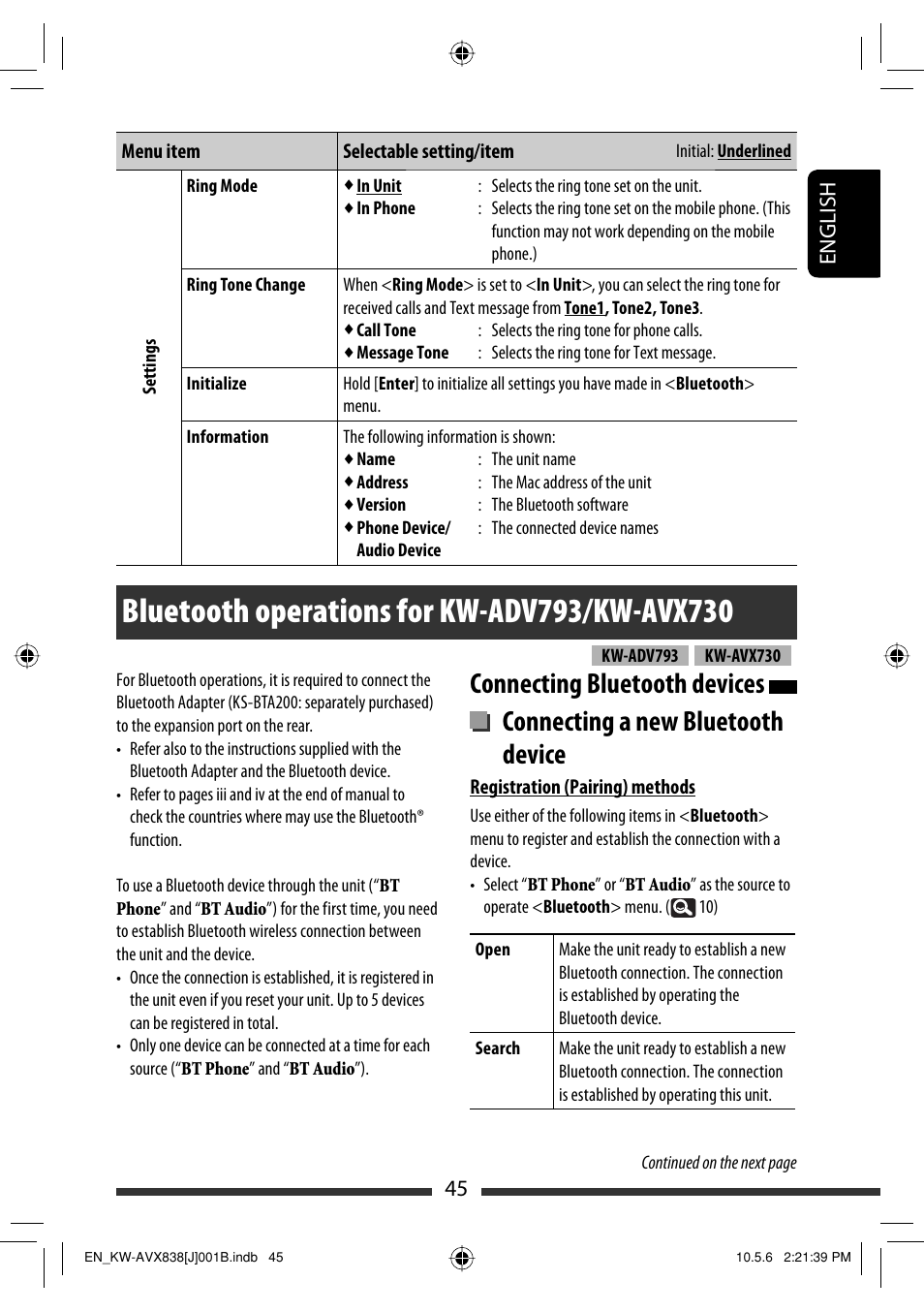 Bluetooth operations for kw-adv793/kw-avx730, Connecting bluetooth devices, 45 english | JVC LVT2086-001B User Manual | Page 45 / 147