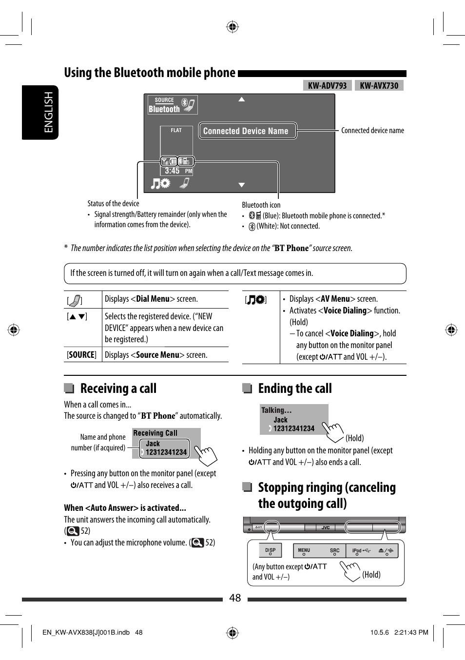 Using the bluetooth mobile phone, Receiving a call, Ending the call | Stopping ringing (canceling the outgoing call), 48 english | JVC LVT2086-001B User Manual | Page 48 / 147