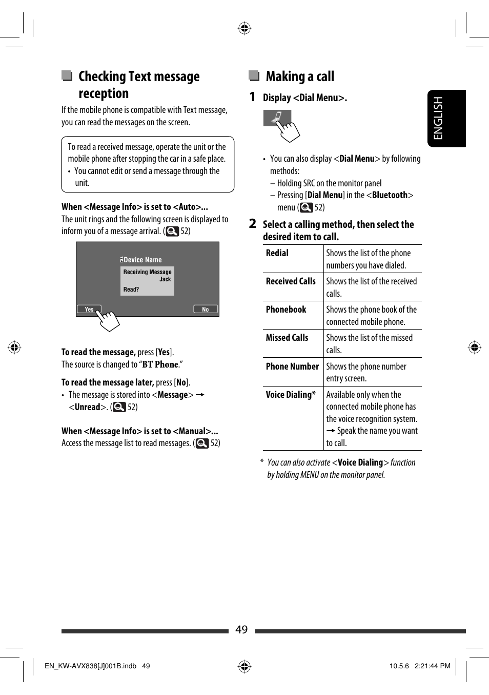 Checking text message reception, Making a call, 49 english | JVC LVT2086-001B User Manual | Page 49 / 147