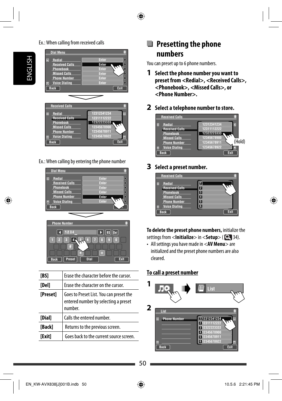 Presetting the phone numbers, 50 english, Select a telephone number to store | Select a preset number, You can preset up to 6 phone numbers, Hold) | JVC LVT2086-001B User Manual | Page 50 / 147