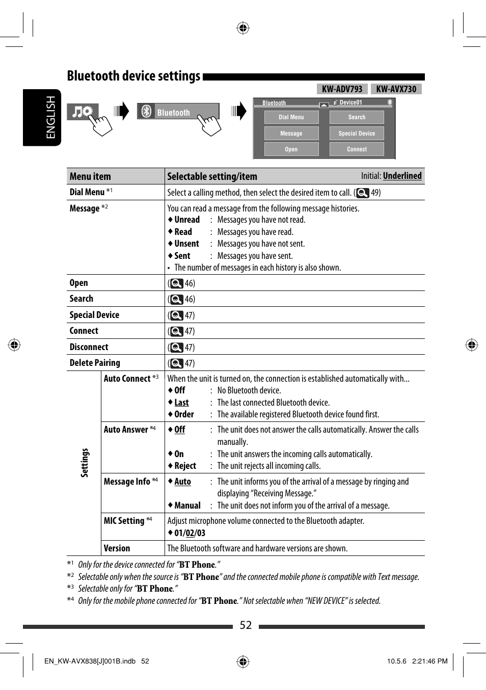 Bluetooth device settings, 52 english, Menu item selectable setting/item | JVC LVT2086-001B User Manual | Page 52 / 147