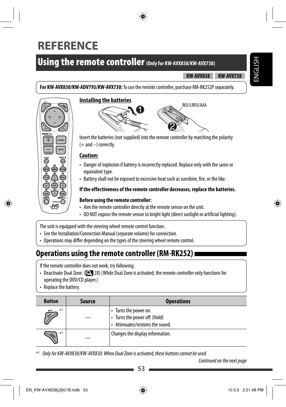 Reference, Using the remote controller, Operations using the remote controller (rm-rk252) | 53 english | JVC LVT2086-001B User Manual | Page 53 / 147