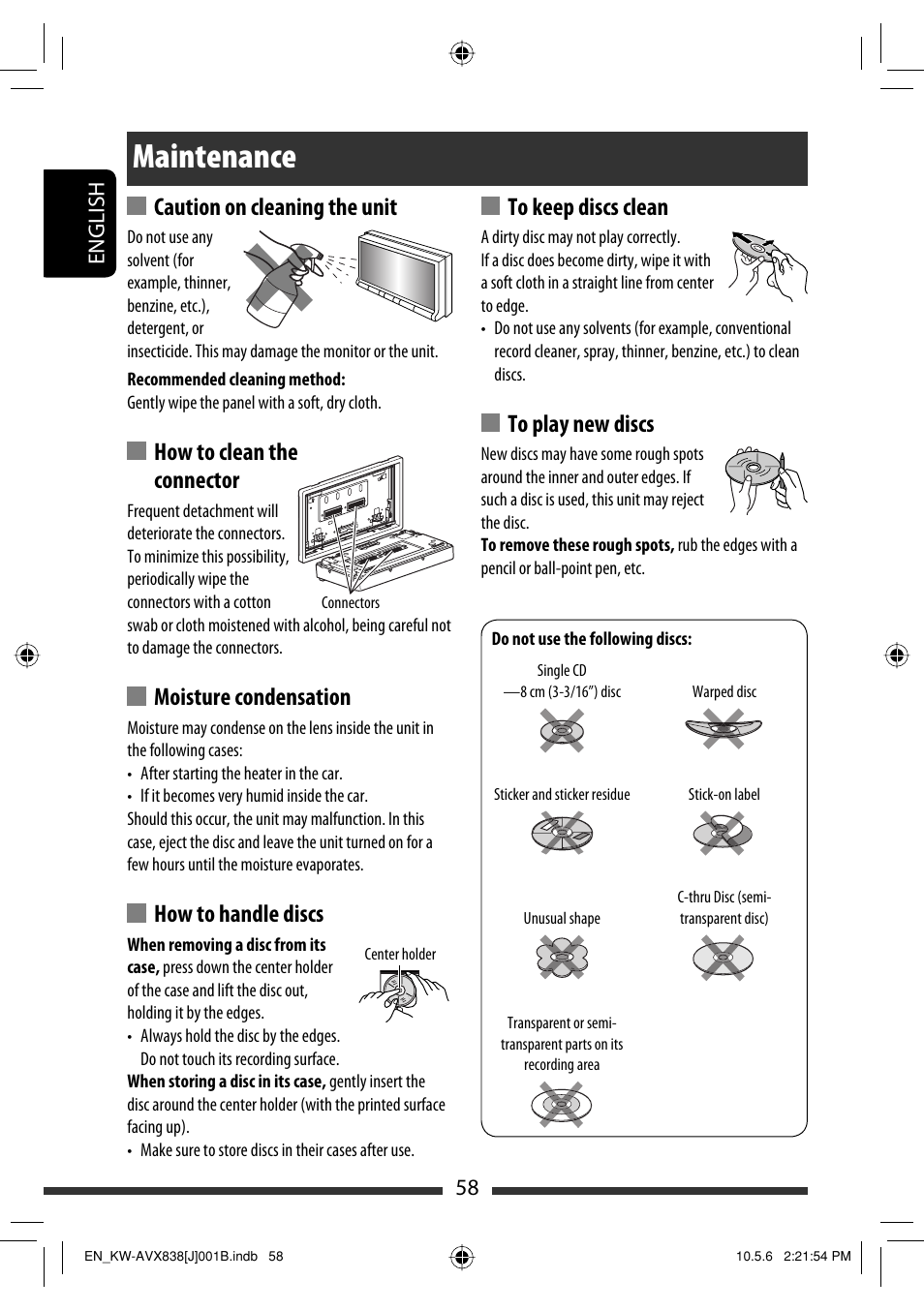 Maintenance, Caution on cleaning the unit, How to clean the connector | Moisture condensation, How to handle discs, 58 english | JVC LVT2086-001B User Manual | Page 58 / 147