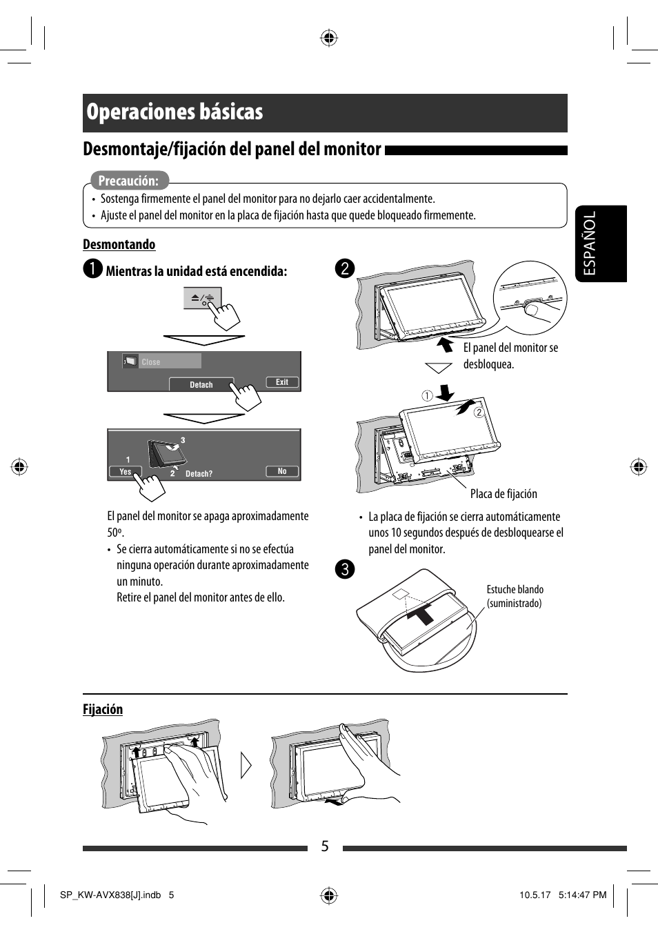 Operaciones básicas, Desmontaje/fijación del panel del monitor, 5español | JVC LVT2086-001B User Manual | Page 75 / 147