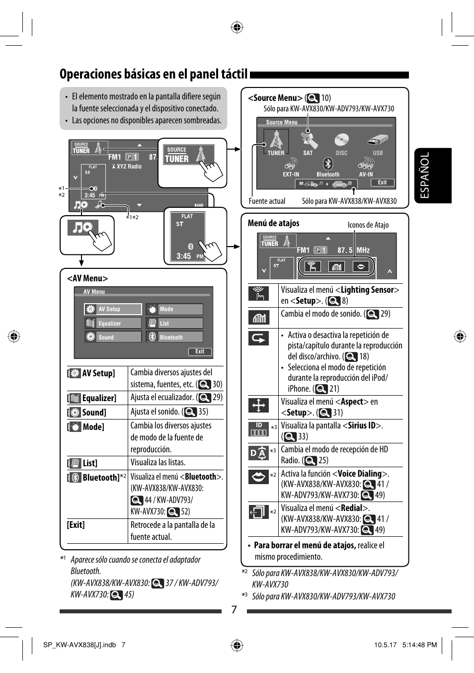 Operaciones básicas en el panel táctil, 7español | JVC LVT2086-001B User Manual | Page 77 / 147