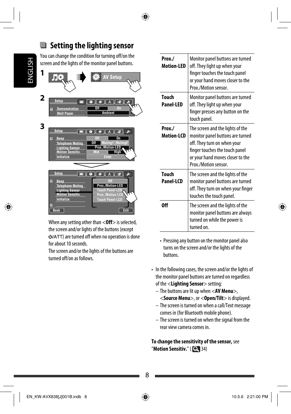 Setting the lighting sensor, 8english | JVC LVT2086-001B User Manual | Page 8 / 147