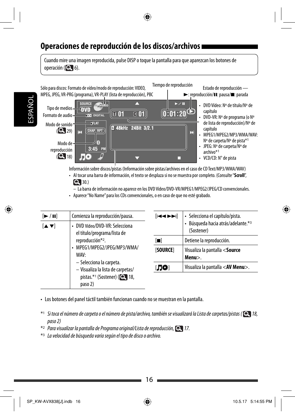 Operaciones de reproducción de los discos/archivos, 16 esp añol | JVC LVT2086-001B User Manual | Page 86 / 147