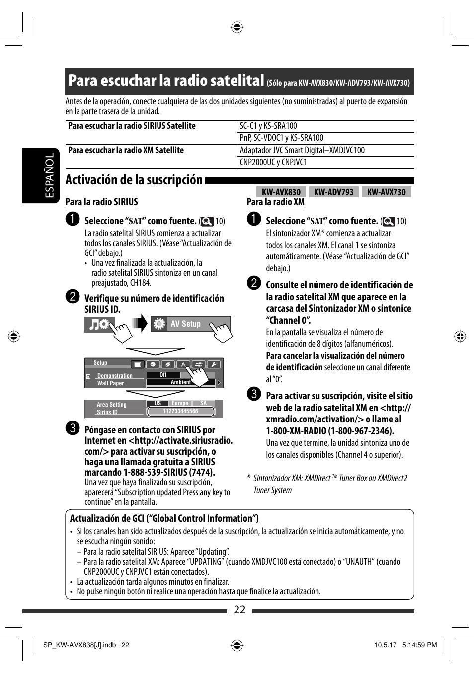 Para escuchar la radio satelital, Activación de la suscripción, 22 esp añol | JVC LVT2086-001B User Manual | Page 92 / 147